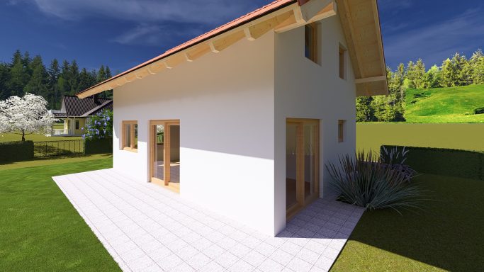 Modernes einstöckiges Haus mit weißen Wänden und großen Fenstern in grüner Landschaft.