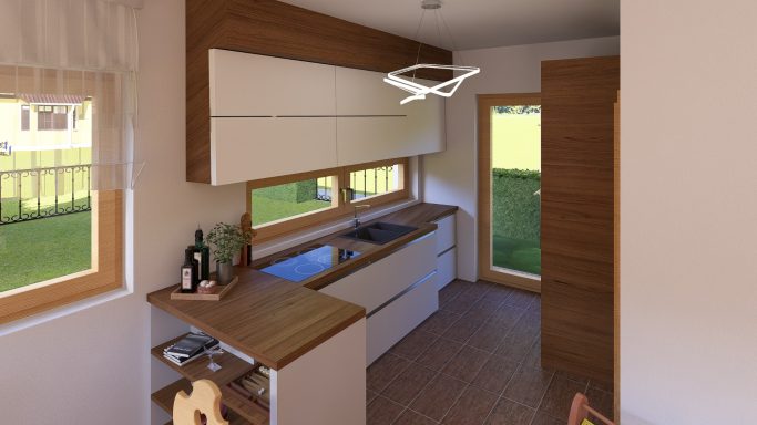 Moderne Küche mit Holzregalen, Fensterblick auf den Garten und zentralem Kochbereich.