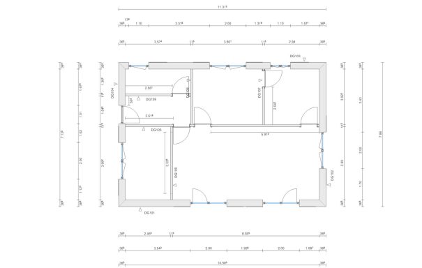 Grundriss eines Hauses mit mehreren Räumen und Türen, schematische Darstellung.