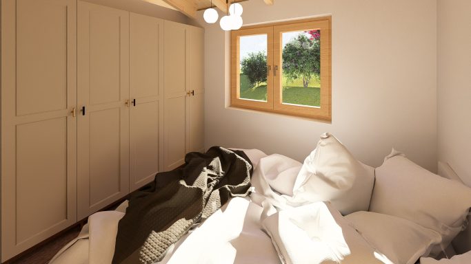 Helles Schlafzimmer mit einem Bett, Kissen und Fensterblick auf einen Garten.