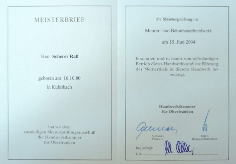 Meisterbrief von Ralf Scherer im Maurer- und Betonbauerhandwerk, ausgestellt am 15. Juni 2004 von der Handwerkskammer für Oberfranken