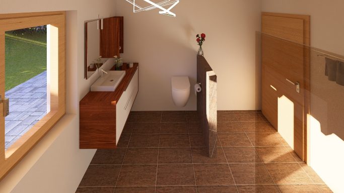 Modernes Badezimmer mit Holzdetails, Waschbecken, Toilette und Naturlicht.