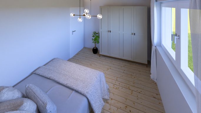 Helle Schlafzimmeransicht mit Bett, Schrank und Pflanze neben dem Fenster.