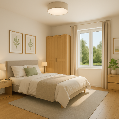 Modern eingerichtetes Schlafzimmer mit großem Fenster, warmen Holztönen und schlichter Möblierung im Einfamilienhaus mit Holz-Erker 