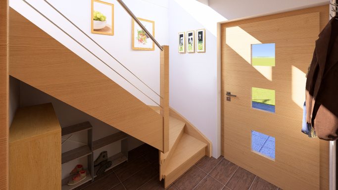 Heller Eingangsbereich mit Treppe, Holzregal und Tür mit Fensterausschnitt.