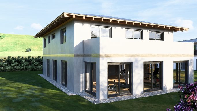 Modern zweigeschossiges Haus mit großen Fenstern und einem begrünten Garten.