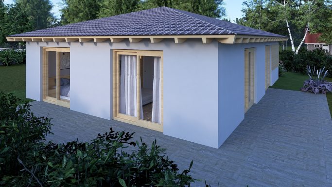 Moderne Bungalow mit Holzrahmen, umgeben von Grünflächen und Terrasse.