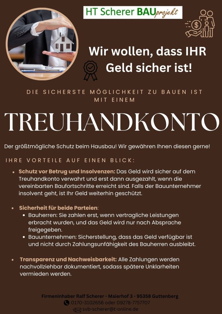 Ein Flyer über Treuhandkonten mit Informationen zur sicheren Geldverwaltung.