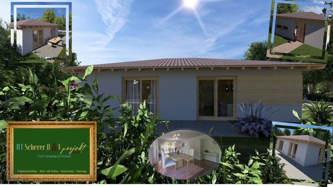 Haus mit Garten, sonnig, moderne Architektur, umgeben von Pflanzen und Bäumen.