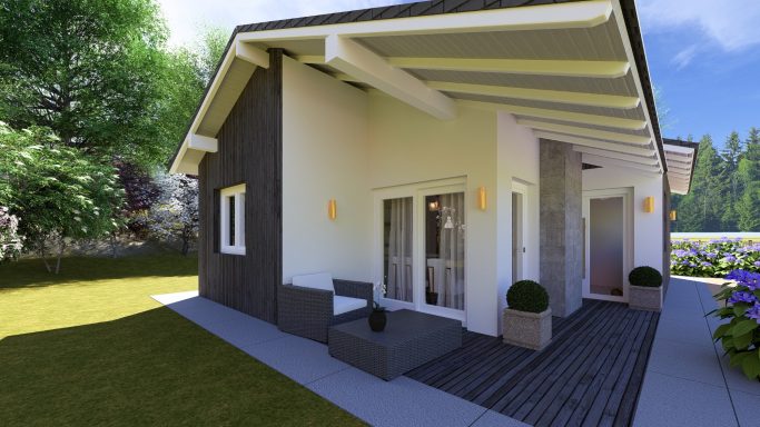Modernes Einfamilienhaus mit Holzverkleidung und Terrasse im Garten.