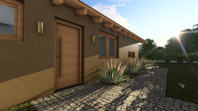 Moderne Hausansicht mit Holzdetails und Landschaftsgestaltung im Vordergrund.