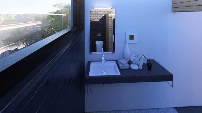 Moderne Badezimmeransicht mit Waschbecken, Spiegel und Fenster.