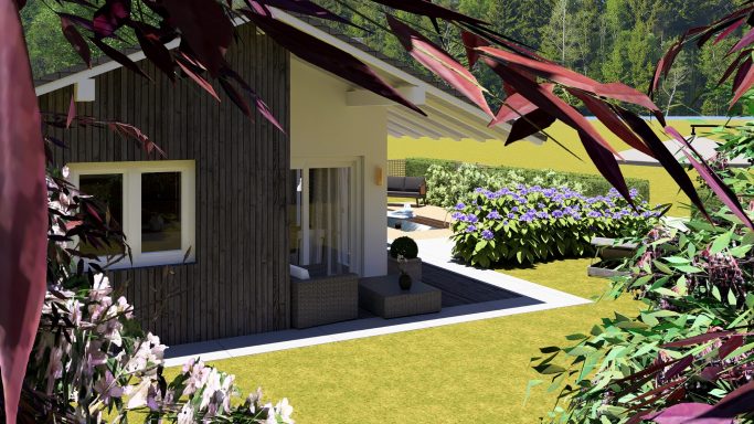 Ein modernes Holzhaus umgeben von bunten Blumen in einer sonnigen Landschaft.