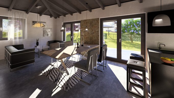 Helle, moderne Wohnküche mit Tisch, Stühlen und großen Fenstern für Tageslicht.