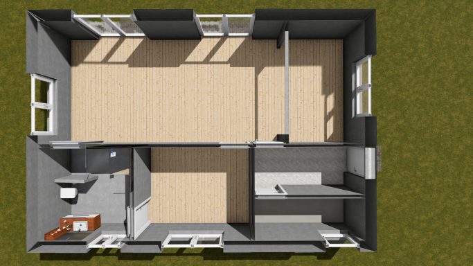 Grundriss eines Hauses mit offenen Räumen, Küche und Treppe im Eingangsbereich.