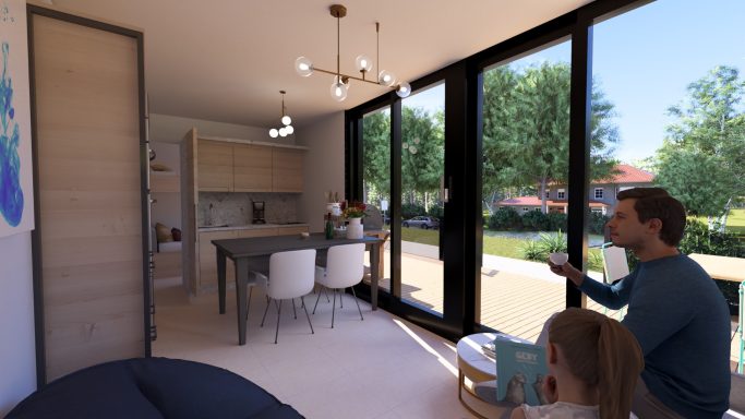 Moderne Innenansicht eines Wohnraums mit Küche, Essbereich und großen Fenstern.