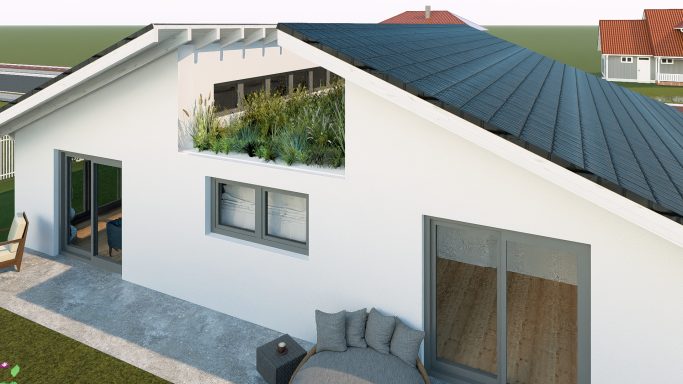 Außenansicht mit bepflanztem Dachöffnungsbereich, Pultdach und großzügiger Terrassengestaltung – Designhaus von HT Scherer BAUprojekt