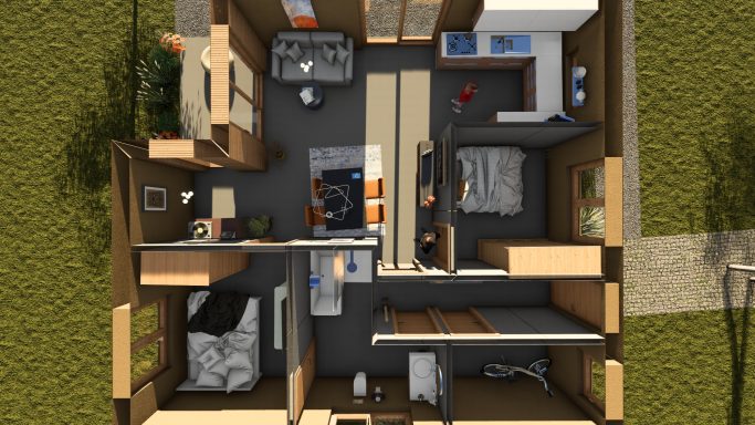 Grundriss eines Wohnhauses mit fünf Räumen, Küche und Badezimmer, umgeben von Garten.