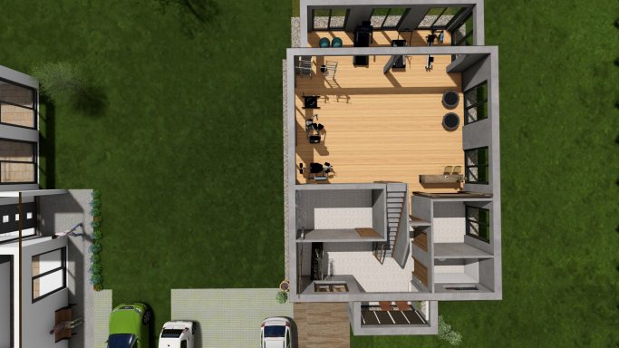 Grundriss eines modernen Hauses mit Wohnzimmer, Schlafzimmer und Büro.