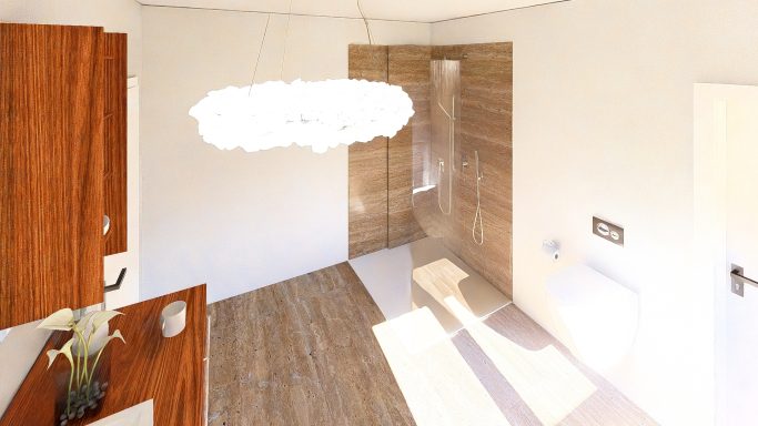 Helle, moderne Küche mit Holzschränken und einer dekorativen Lampe in neutralen Farben.