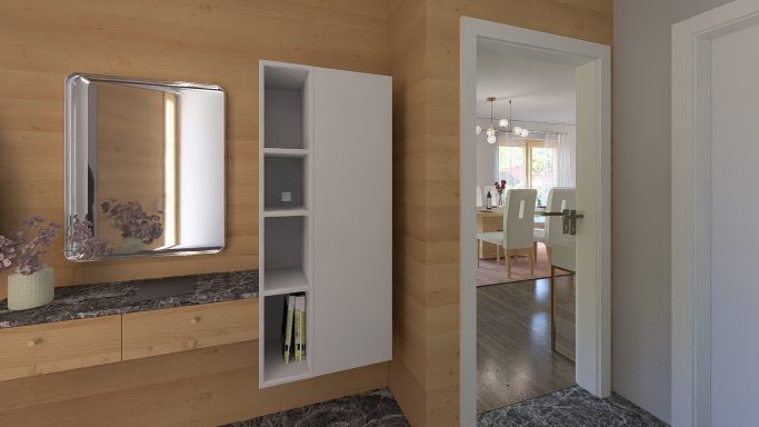 Moderne Flureinteilung mit Holzverkleidung, Spiegel und offenen Wohnbereich im Hintergrund.