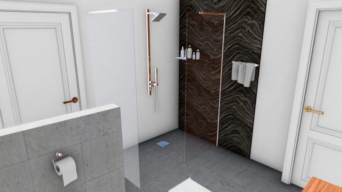 Moderne Dusche mit Glasfront, Holzregal und Handtüchern in minimalistischem Badezimmer.