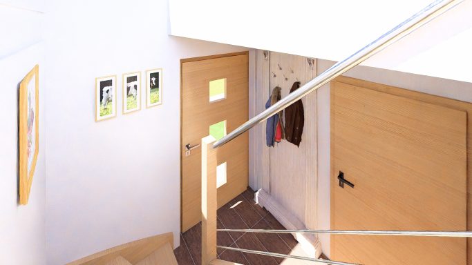 Treppenhaus mit Holzgeländer, offenem Raum und zwei Türen, an der Wand Bilder.