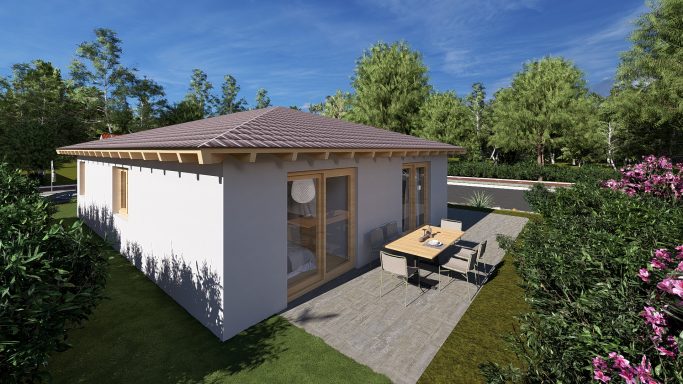 Moderne Gartenhaus mit Terrasse, umgeben von Bäumen und Blumen.