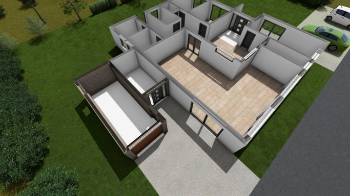 Moderne Architekturansicht eines Hauses mit mehreren Räumen und einer Terrasse.