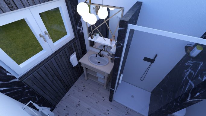 Kleines modernes Badezimmer mit Dusche, Waschbecken und großen Fenstern.