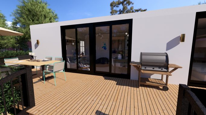 Moderne Terrasse mit Grill, Tisch und Stühlen, umgeben von Bäumen und klarem Himmel.