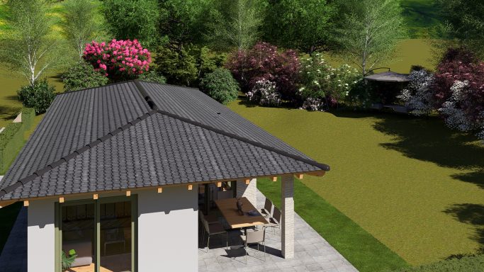 Moderne Gartenlandschaft mit einem Pavilion und blühenden Bäumen im Hintergrund.