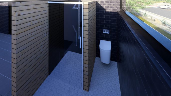 Moderne Badezimmeransicht mit Duschbereich und WC in einem minimalistischen Design.