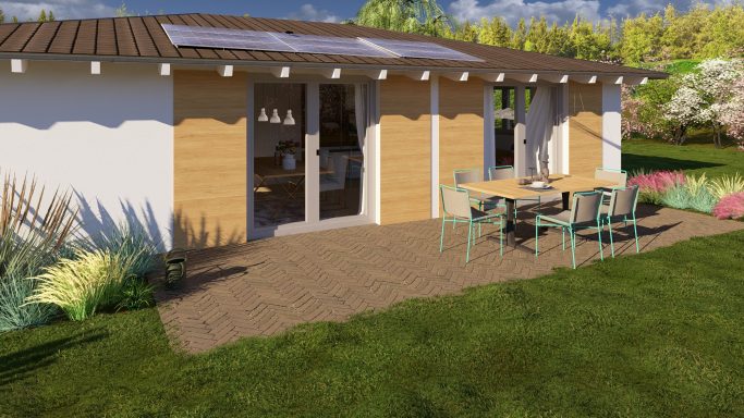 Moderne Terrasse mit Tisch und Stühlen neben einem Holzhaus umgeben von Grünflächen.