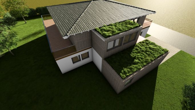 Moderne Wohnhaus mit begrünten Dächern und Rasenflächen rundherum.