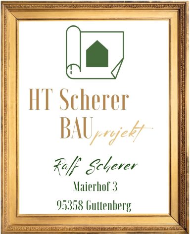 Firmenschild von HT Scherer BAUprojekt mit Logo, Anschrift in Guttenberg und Planersymbol – Bauunternehmen für Projektentwicklung, Hoch- und Tiefbau in Deutschland