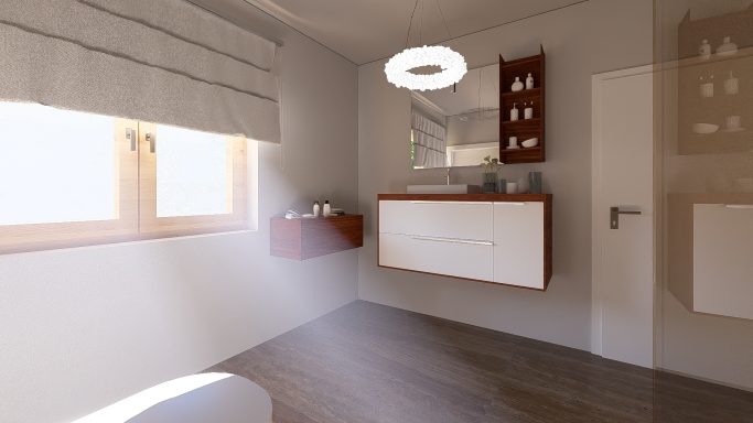 Helle, moderne Küche mit Holzregal, Fenster und Deckenleuchte.