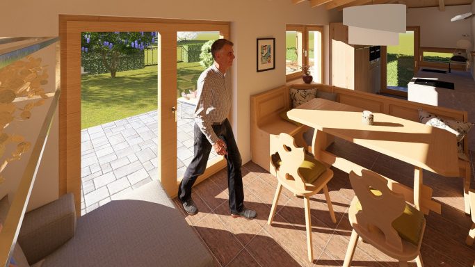 Helle Wohnung mit Holzmöbeln und Blick auf den Garten. Person betritt den Raum.