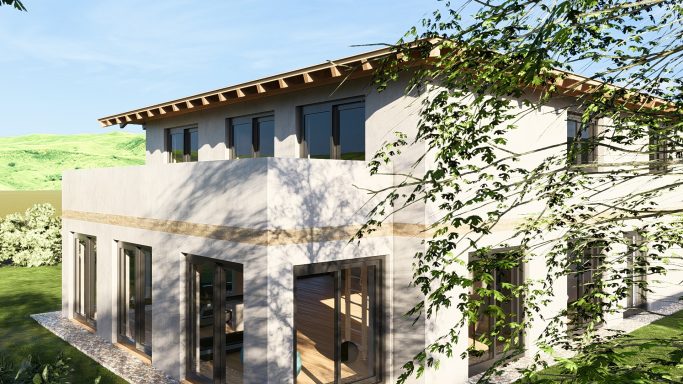 Modernes Haus mit großen Fenstern, Holzdetails und umgebender Natur.