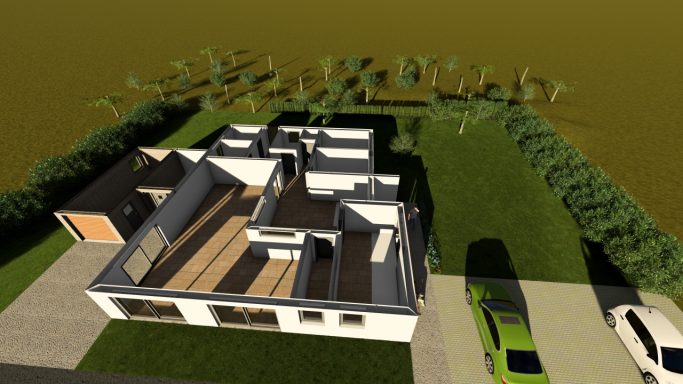 Moderne Wohnhaus-Architektur mit offenem Grundriss und Garten.