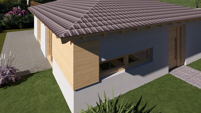 Modern, einstöckiges Haus mit Holzverkleidung und einem gepflasterten Weg.