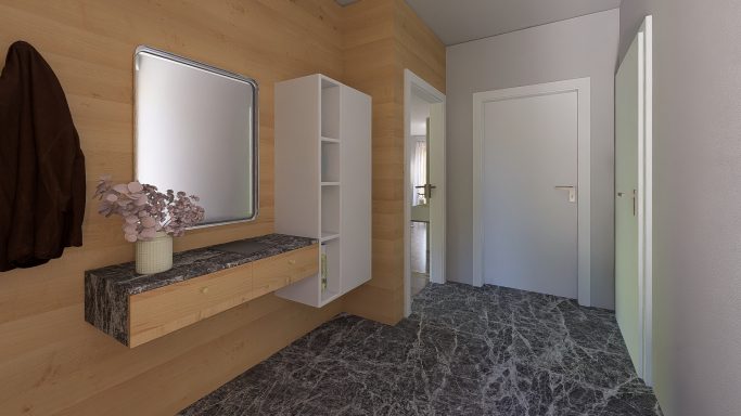 Modern Flur mit Holzwänden, Spiegel, Schrank und grauem Bodenbelag.