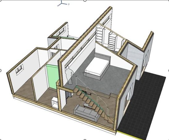 3D-Modell eines Wohnraums mit Schlafzimmer, Bad und Treppe.