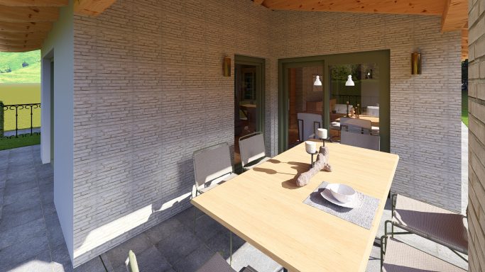 Ein Essbereich auf einer Terrasse mit Sicht auf die Natur. Holzdetails und Dekoration sind sichtbar.