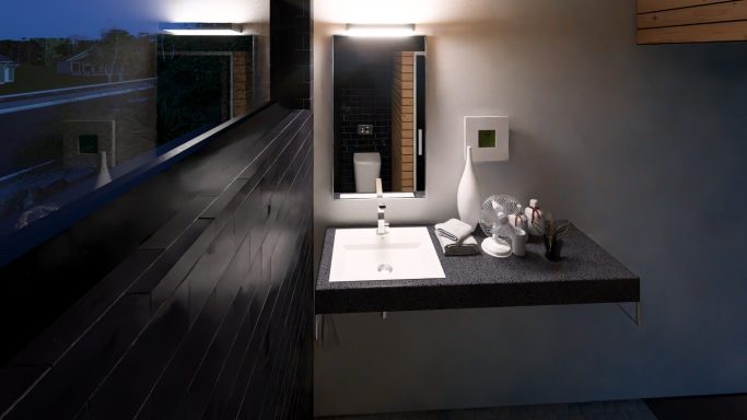 Modern Badezimmer mit Waschbecken, Spiegel und elegantem Holzdesign.