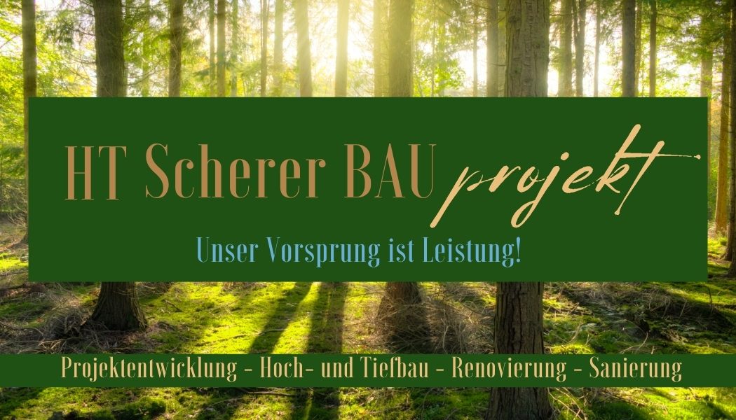 Logo von HT Scherer BAUprojekt mit Leistungsversprechen Unser Vorsprung ist Leistung – nachhaltiges Bauunternehmen für Neubau, Sanierung und