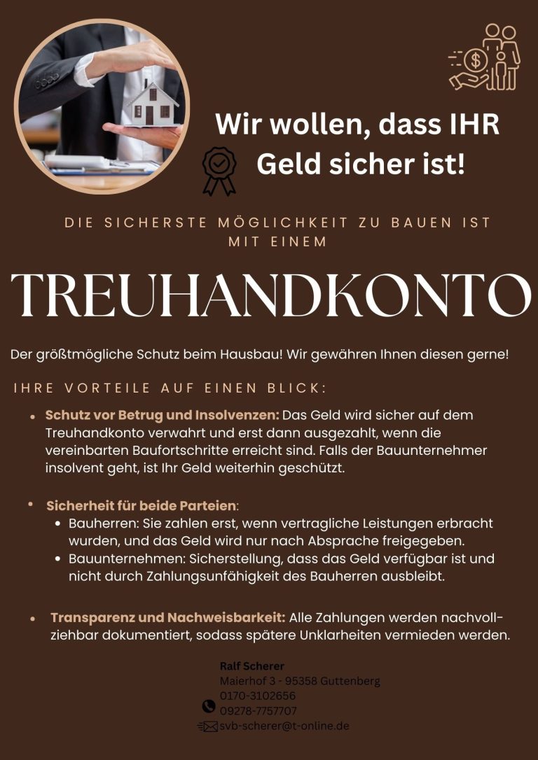 Informationsgrafik von HT Scherer BAUprojekt zum sicheren Bauen mit Treuhandkonto – Vorteile für Bauherren und Bauunternehmen im Überblick