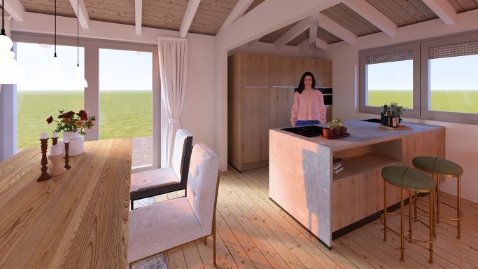 Moderne Küche mit Holzelementen, Balkonblick und einer Person am Kücheninseln.