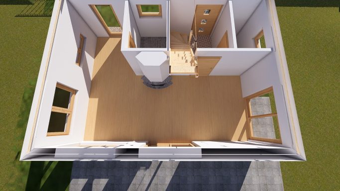 Innenansicht eines modernen Hauses mit offenen Räumen und großen Fenstern.
