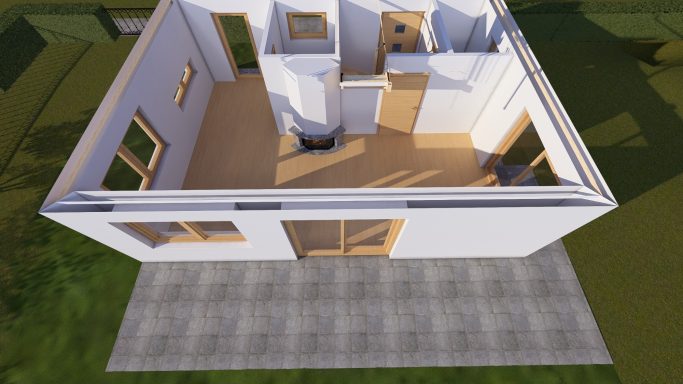 Innenansicht eines modernen, Hauses mit mehreren Räumen und großen Fenstern.